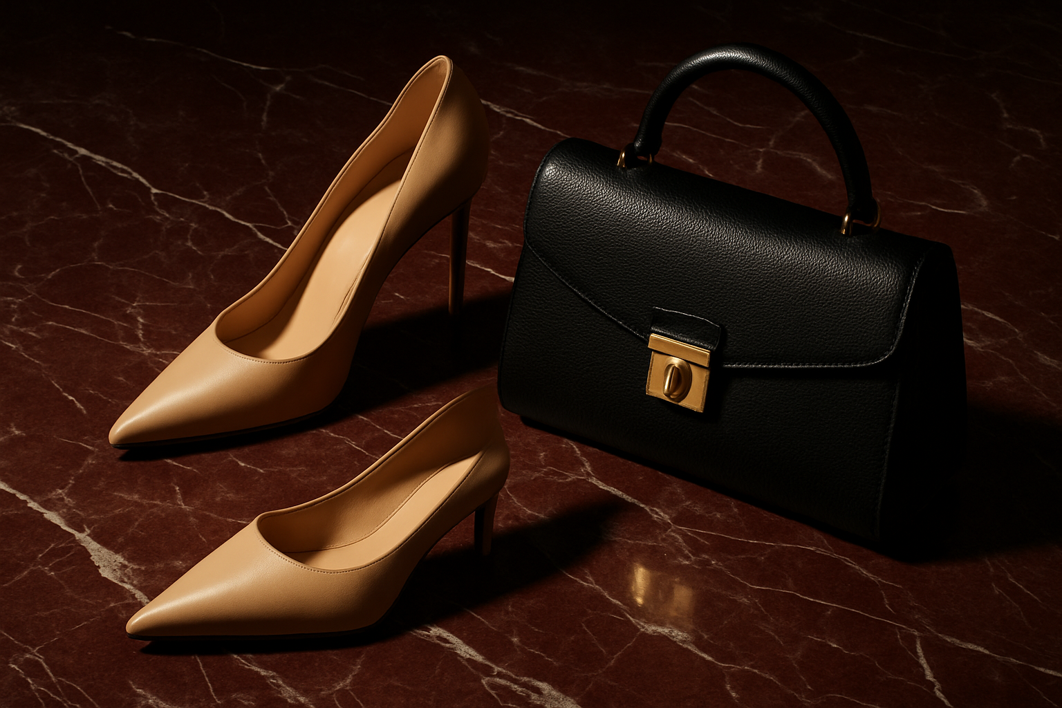 editorial-style fashion shot (heels\bag on burgundy marble)